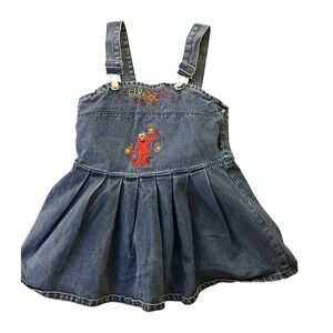 Vintage 2004 Sesame Street Little Girls Elmo Embroidered Denim Overall Dress‎ 4T